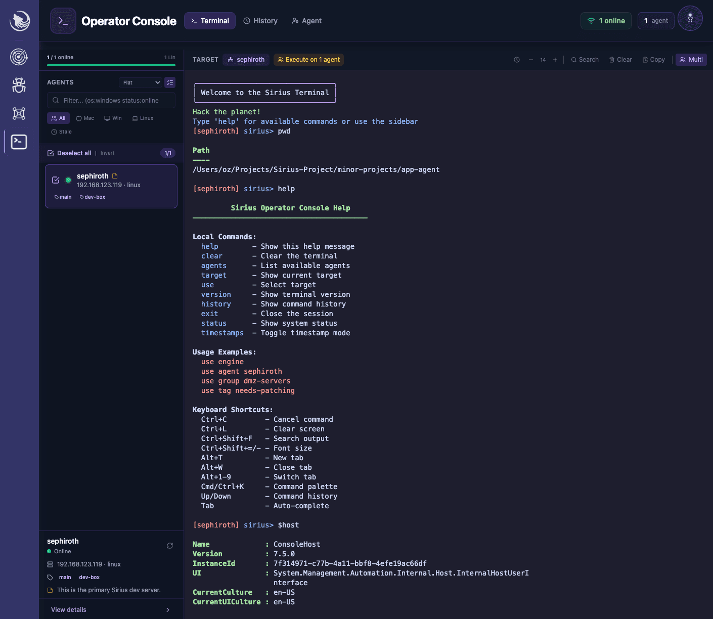 Operator Console terminal tab with interactive command input, execution output, and command history