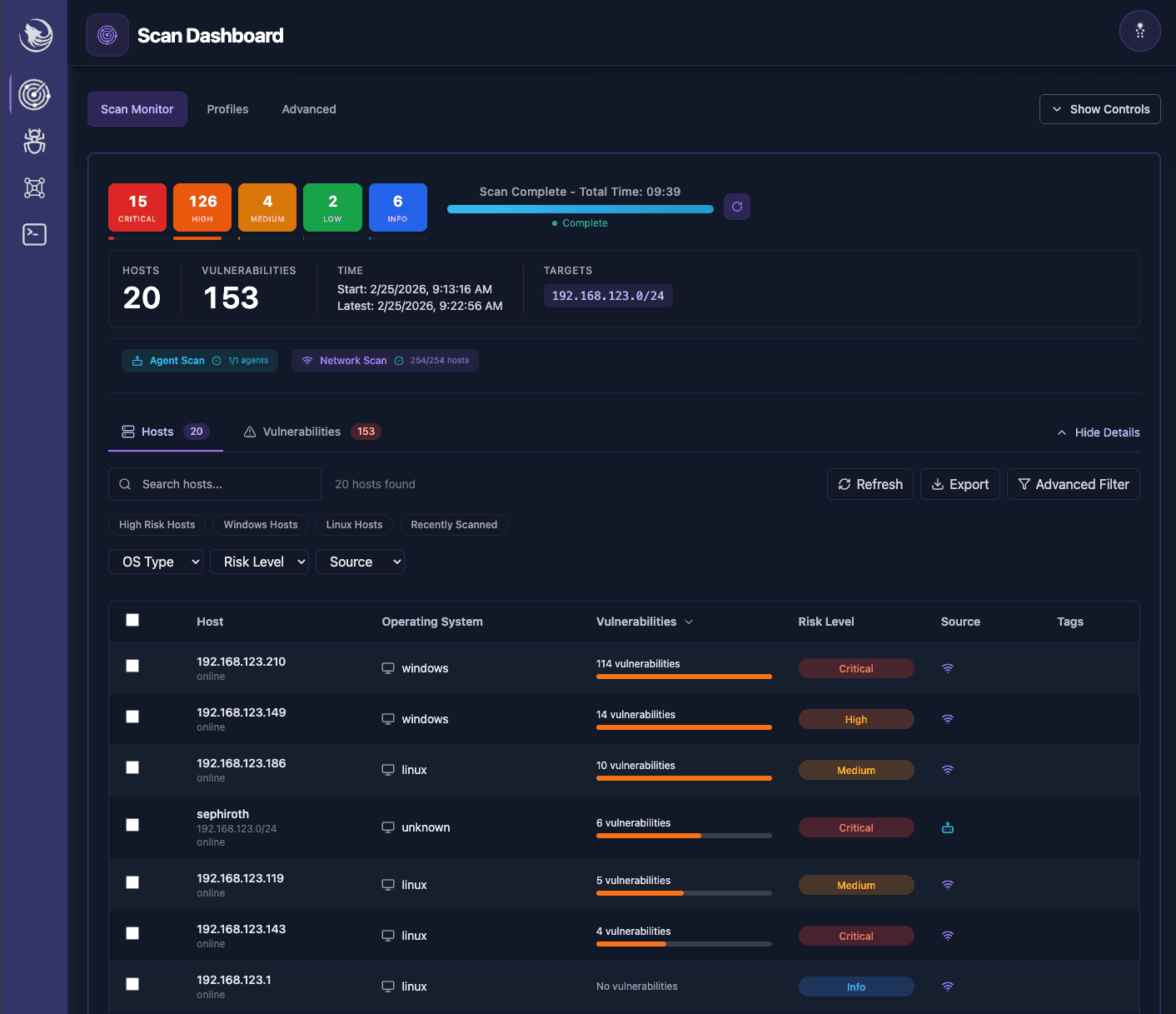 Scanning interface with profile selection, target input, and real-time scan progress indicators