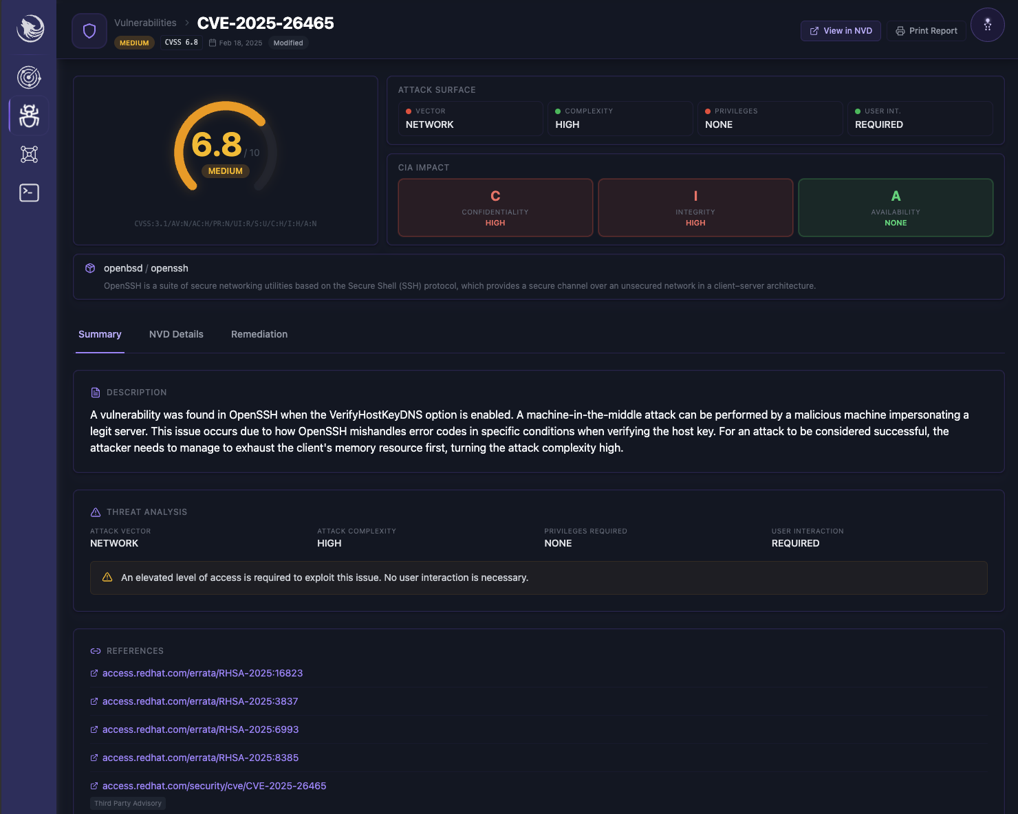 CVE detail page with CVSS score breakdown, attack vector context, and remediation steps